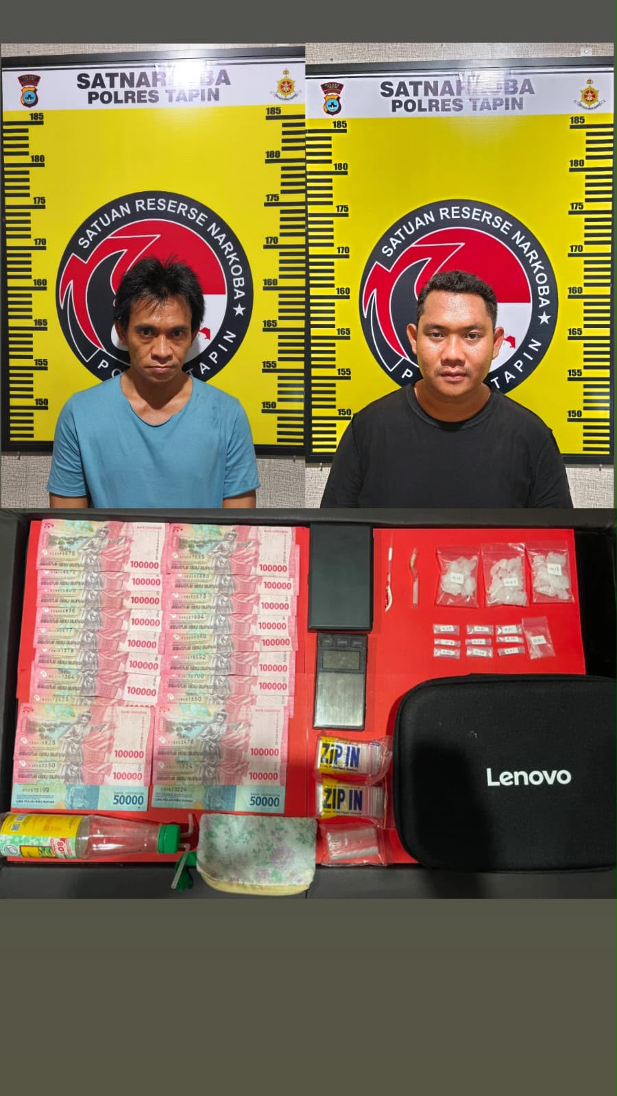 Tersangka saat diamankan beserta alat bukti sabu.